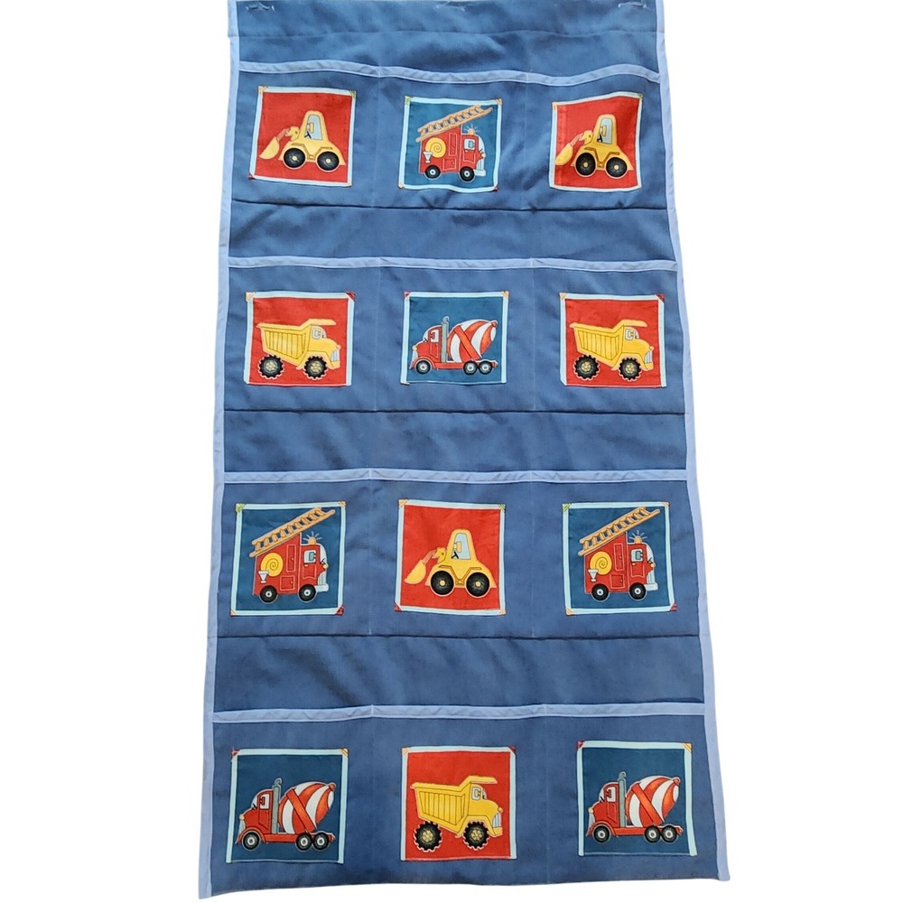 Kids Construction Vehicle Wall Hanging Pocket Organizer Blue Truck Nursery Decor